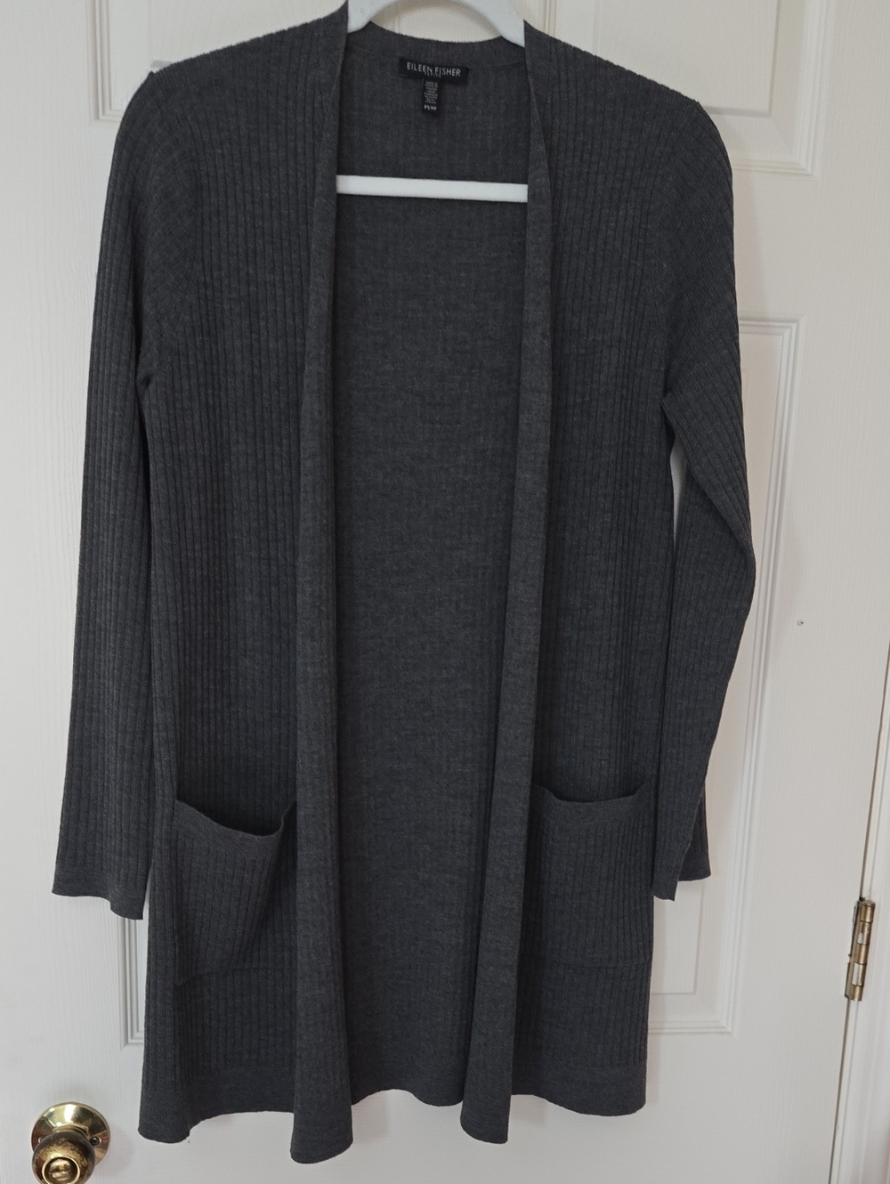 Eileen Fisher Dark Gray Ribbed Open Cardigan with Pockets 100% Wool